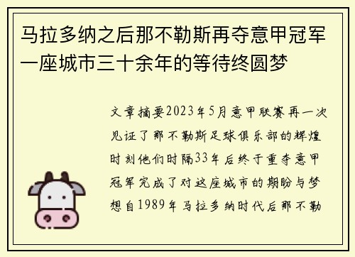马拉多纳之后那不勒斯再夺意甲冠军一座城市三十余年的等待终圆梦