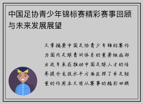 中国足协青少年锦标赛精彩赛事回顾与未来发展展望