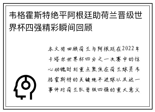 韦格霍斯特绝平阿根廷助荷兰晋级世界杯四强精彩瞬间回顾